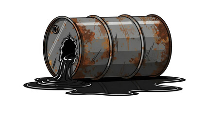 Rusty Leaking Oil Barrel Black Oil Puddle from Damaged Barrel Corroded Barrel Oil Spill Flat Design 