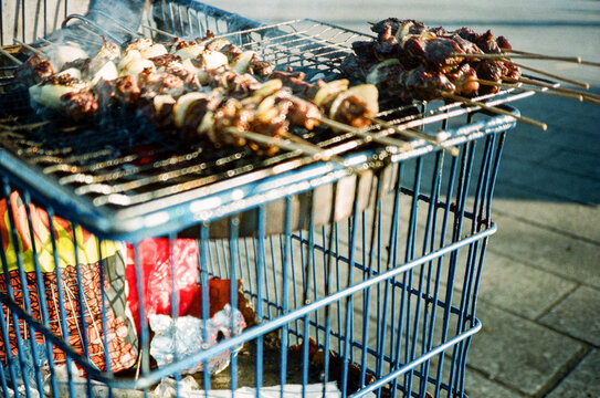 Grilling Skewers on a supermarket trolley