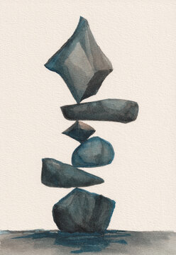 Zen Meditation Balanced Stones Watercolor Painting Art