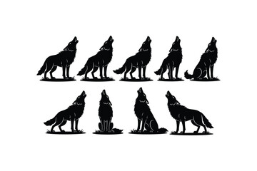 Silhouette of multiple wolves howling at the moon in different poses