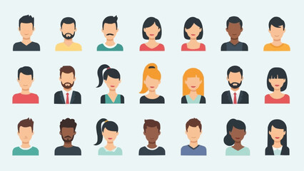 Collection of diverse people avatars in flat design style.