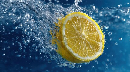 Splash of sliced lemon with water drops over blue background