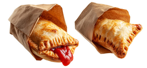 Set of Australia baked meat hand pie  with ketchup topping wrapped in paper bag, on white background, concept of takeaway snack