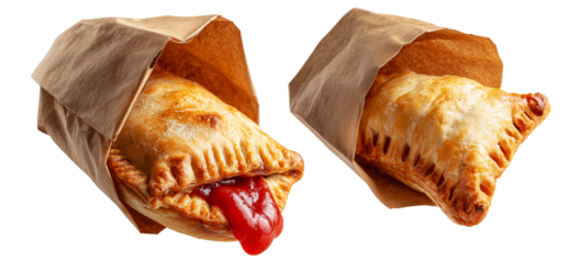 Set of Australia baked meat hand pie  with ketchup topping wrapped in paper bag, on white background, concept of takeaway snack