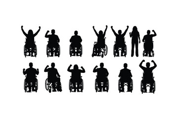 Diverse group of people in wheelchairs with raised arms in silhouette