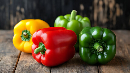 Vibrant assortment of fresh colorful bell peppers arranged on rustic wooden surface