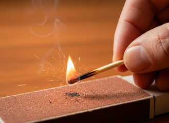 Hand lighting a match on a matchbox with sparks and smoke