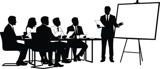 Business meeting silhouette with a presenter and audience in a conference room setting
