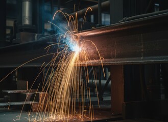 Industrial welding process with sparks flying in a factory setting