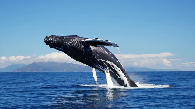 Majestic humpback whale breaching in clear ocean waters