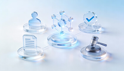 3d glass icons representing responsible digital governance with decentralized network hub legal gavel user profile and verified document management on a futuristic platform