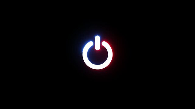 Glowing neon power button icon animation. Switch startup neon turns on off button animation.  Neon power reset button sign animation.