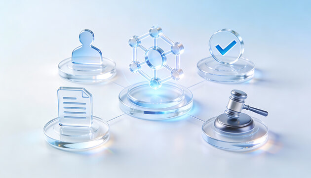 3d glass icons representing responsible digital governance with decentralized network hub legal gavel user profile and verified document management on a futuristic platform
