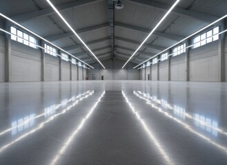 Empty industrial warehouse with polished floor and bright lighting