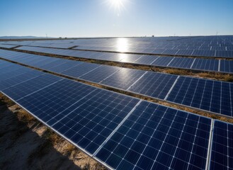Solar panels in a large field generating renewable energy under a clear blue sky