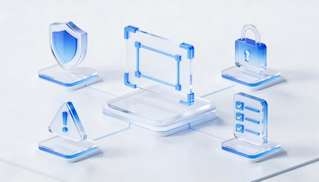 futuristic cyber security and digital privacy concept featuring 3d glass icons for data protection shield secure padlock alert warning and compliance checklist on a white background