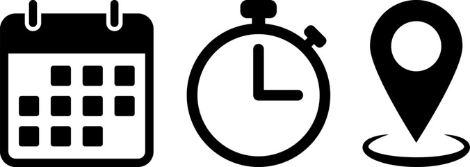Time management icons set - calendar, stopwatch, and location