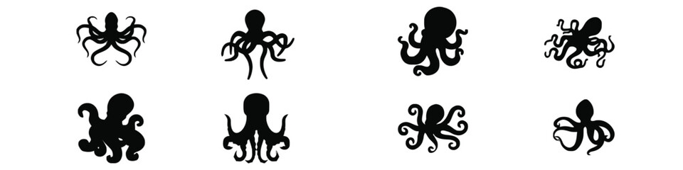 Set of octopus black silhouette sea animal isolated on white ocean wildlife underwater marine nature creature logo icon illustration © Dreamscaretion