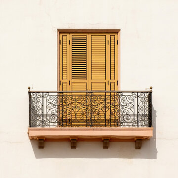Balcony with closed windows and decorated handrails