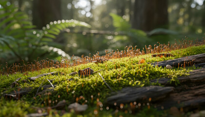 Moss and fungi growing on a fallen log in a forest.