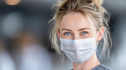 Woman wearing a mask smiles while indoors in a public space in the afternoon