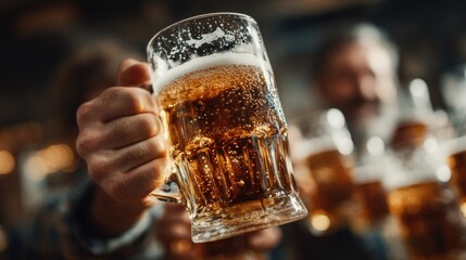 Friends gather at a bar to raise their beer mugs in celebration during a lively evening