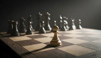 White pawn standing alone on a chessboard with black pieces in the background