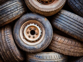 Used tires stacked in a pile at a recycling center in a city during daylight hours