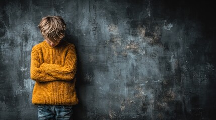 Boy stands with crossed arms against a dark textured wall in a simple indoor space during daylight