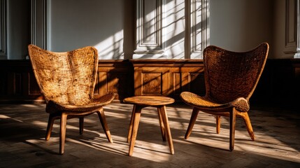 Chairs and table in a room with sunlight streaming through the windows in an empty space