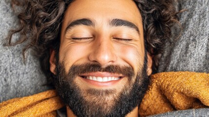 Man smiles while lying on a sofa with a blanket in a relaxed setting at home