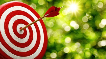 Bullseye target with arrow in center against blurred green background during daytime