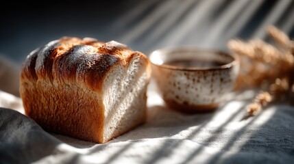 Freshly baked bread with a simple bowl nearby on a sunlit table