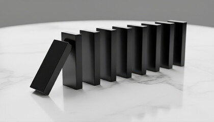 Black dominoes falling in a row on a marble surface