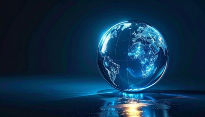 Digitally rendered glowing blue globe on reflective surface, illuminated continents, dark background, futuristic aesthetic.