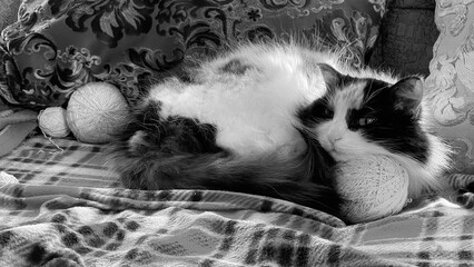 Cat Cozy Resting Side View. Monochrome Indoor Textile Scene