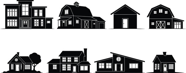 Black silhouette of house and building set, variety of residential homes and farm barns in different architectural styles for real estate design © MstMajeda