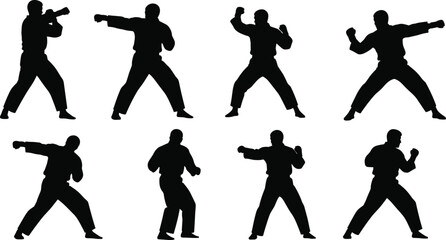 Black silhouette of martial arts karate fighters in various action poses, set of male athletes practicing combat kicks and punches for sports design