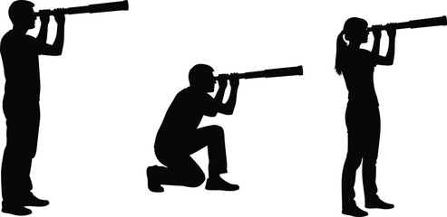 Black silhouette of people looking through spyglass, male and female figures using telescope in standing and kneeling poses, vision vector illustration © MstMajeda