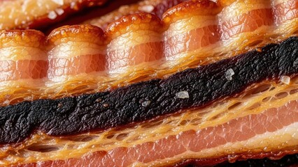 Macro shot of perfectly cooked bacon, highlighting its rich textures and appetizing golden-brown