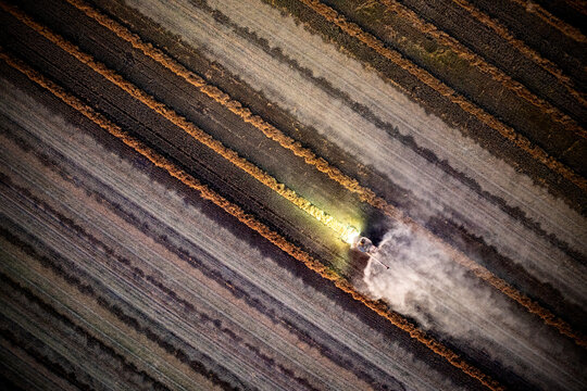 Harvester cutting a glowing path through dusty striped paddocks at dusk.
