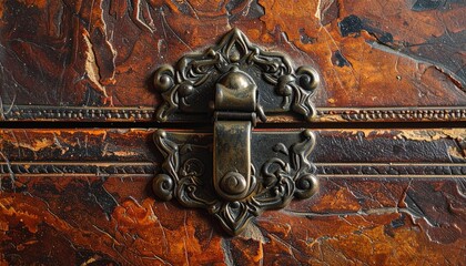 "Ornate antique brass latch on marbled wooden surface"