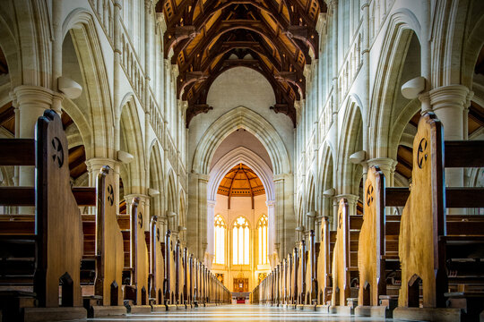 Golden light filling a grand cathedral nave lined with soaring arches.
