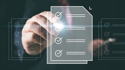 Checking a digital list with a hand interacting with a transparent screen