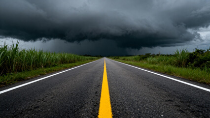 A long straight road stretches into the distance under a dark, stormy sky with heavy clouds looming overhead.