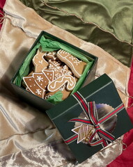 Christmas Gingerbread Cookies Gift Box Top View. Festive Holiday Green Red