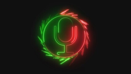 A neon microphone logo with green and red lights on a black background