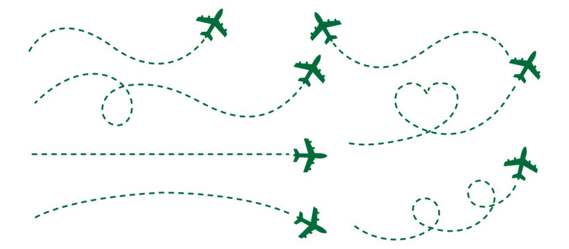 Airplane route with dotted flight path. Flying plane symbol with twisted, curved, straight and heart shape dashed trace path. Transparent png and vector illustration.