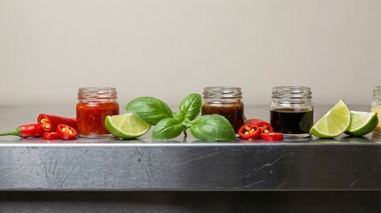 Assorted sauce jars with fresh chili peppers and lime on metal counter