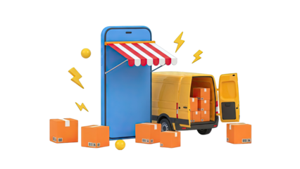 E-commerce Delivery Concept: Van, Phone, and Packages
